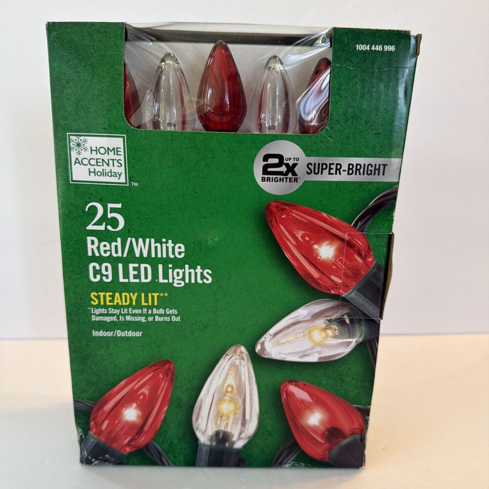 Indoor Outdoor C9 Christmas 25 Light Strand RED & WHITE LED Super Bright NIB